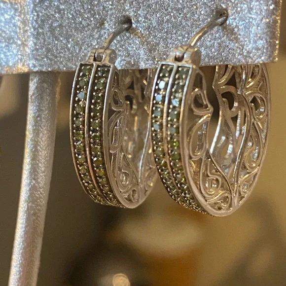 QVC Elegant Sterling Silver Earrings with Vibrant Green Diamonds. - Picture 5 of 7